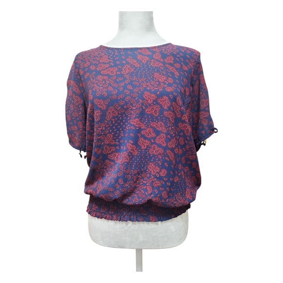 Michael Kors Paisley Blue and Red Short Sleeve Blouse Smocked Hem Women's Size M - Picture 4 of 12